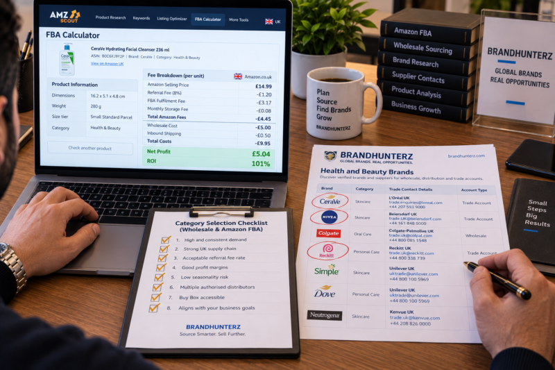Amazon UK FBA Wholesale Seller at Desk with Category Comparison Chart on Laptop Showing Six Best Categories with Referral Fee Rates Supply Chain Rating and Opportunity Score Beside Printed Category Selection Checklist All Items Ticked