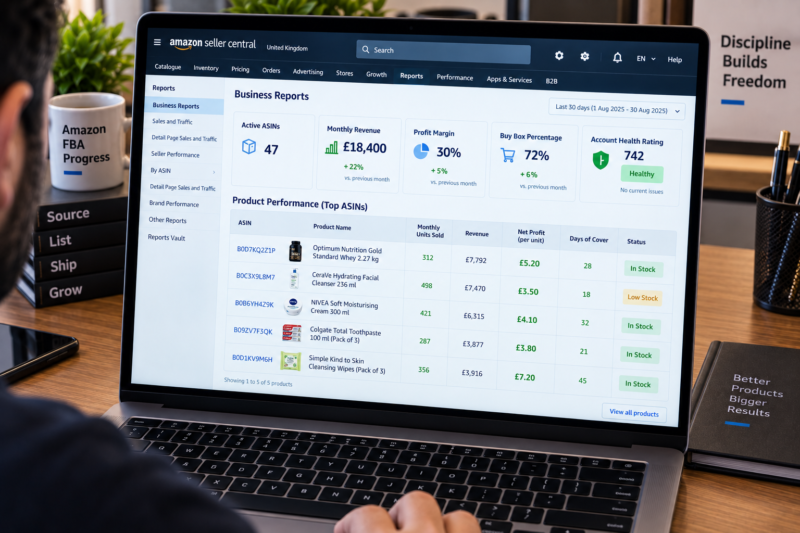 Amazon UK FBA Wholesale Business Scaling Dashboard on Laptop Showing 47 Active ASINs Monthly Revenue £18400 Monthly Profit £5520 Buy Box Percentage 72 Percent Account Health Rating 742 All Metrics Green