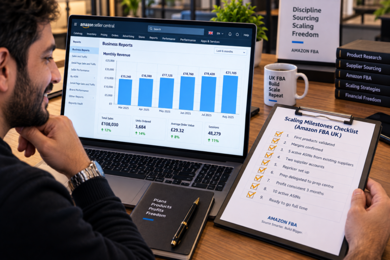 Amazon UK FBA Wholesale Seller at Desk with Seller Central Business Reports on Laptop Showing Monthly Revenue Growth Chart from Month 1 to Month 18 Steady Upward Trend Beside Printed Scaling Checklist All Stages Marked