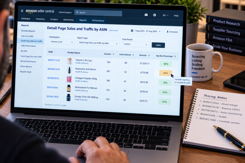 Amazon UK Seller Central Reports Menu Open on Laptop Screen Showing Business Reports Page with Sales by ASIN Table and Buy Box Percentage Column Beside Laptop Printed Weekly Reporting Checklist