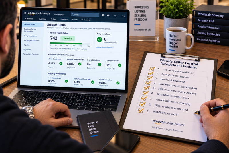 Amazon UK Seller Central Dashboard on Laptop with Multiple Tabs Open Showing Account Health 742 Business Reports Buy Box Percentage 68 Percent and Manage FBA Inventory 47 Active ASINs Beside Printed Weekly Navigation Checklist All Items Ticked
