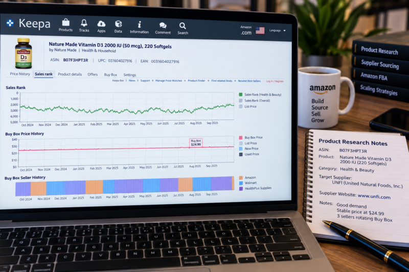 Amazon USA FBA Wholesale Seller at Desk Researching Products Keepa Chart Showing US ASIN Sales Rank History 12 Months Consistent Between 1000 and 5000 Health and Beauty Category Multiple Buy Box Sellers