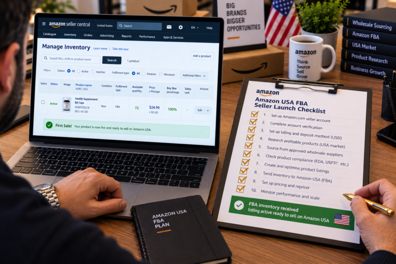 Amazon USA FBA Wholesale Seller at Desk with Laptop Showing Seller Central Manage Inventory Page Active FBA Listing ASIN Showing Buy Box Won and First Sale Made Beside Laptop Printed Launch Checklist All Items Ticked Gold Pen