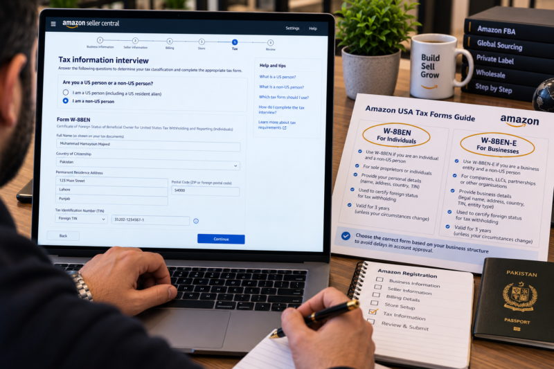 Amazon USA Seller Registration Page on Laptop sell.amazon.com Professional Account Selected Registration Form Open Business Information Fields Visible Name Address Phone Tax Reference