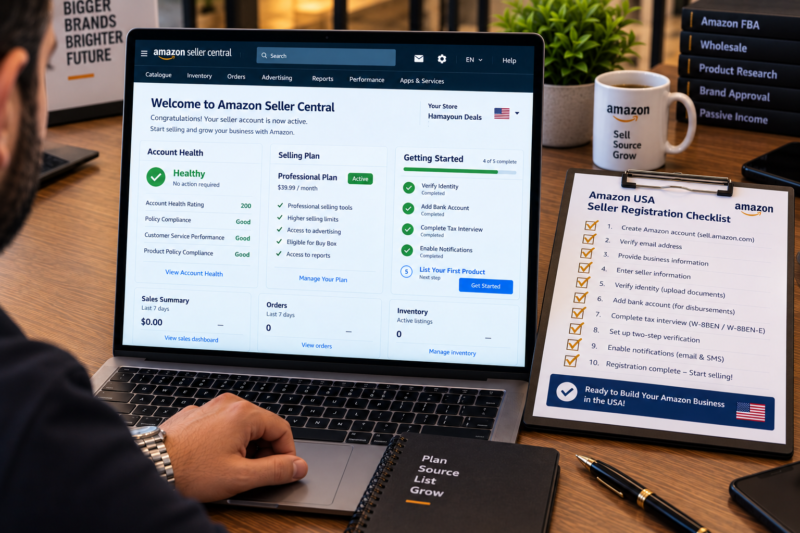 Amazon USA Seller Central Dashboard Newly Registered Account Showing Account Status Active Professional Plan Verified Account Health Green Beside Desk Printed Registration Checklist All Items Ticked Gold Pen