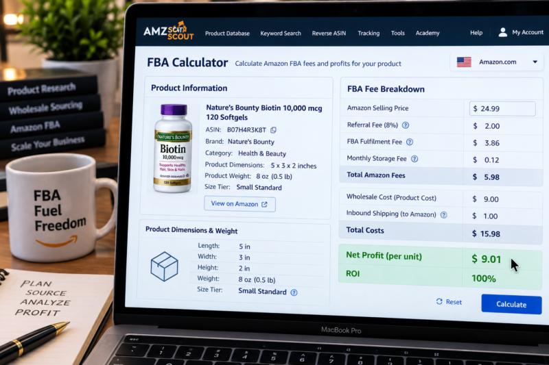 AMZScout FBA Calculator on Laptop Screen Showing Amazon USA ASIN Selling Price 24.99 Referral Fee 2.00 FBA Fee 3.86 Storage Fee 0.12 Net Profit 8.01 ROI 89 Percent