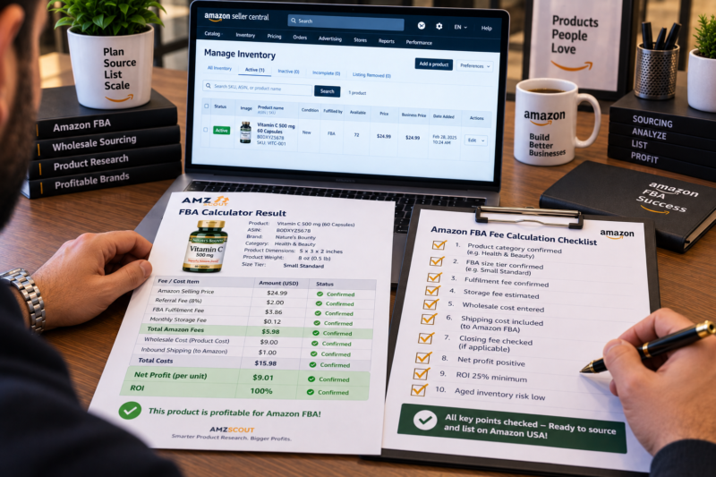 Amazon USA FBA Wholesale Seller at Desk with Laptop Showing AMZScout FBA Calculator All Fees Broken Down Net Profit Confirmed Beside Printed Fee Calculation Checklist All Items Ticked Gold Pen