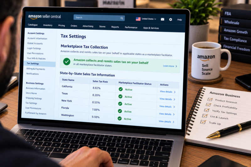 Amazon USA Seller Central Tax Settings Page on Laptop Showing State Tax Collection Status Confirmed for All 50 States Marketplace Facilitator Active Green Checkmarks Beside Each State