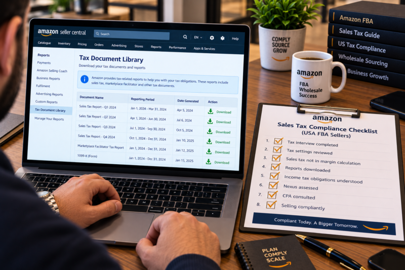 Amazon USA Seller Central Tax Document Library Page on Laptop Showing Sales Tax Report Downloaded Marketplace Facilitator Collection Confirmed for All States Beside Printed Sales Tax Compliance Checklist All Items Ticked