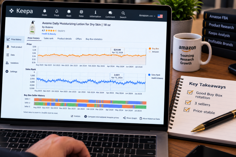 Keepa Chart on Laptop Showing Amazon USA ASIN Buy Box Price History 12 Months Stable Between 23.99 and 26.99 Buy Box Seller History Panel Showing Three Sellers Rotating Approximately Equal Time Amazon Not Dominant