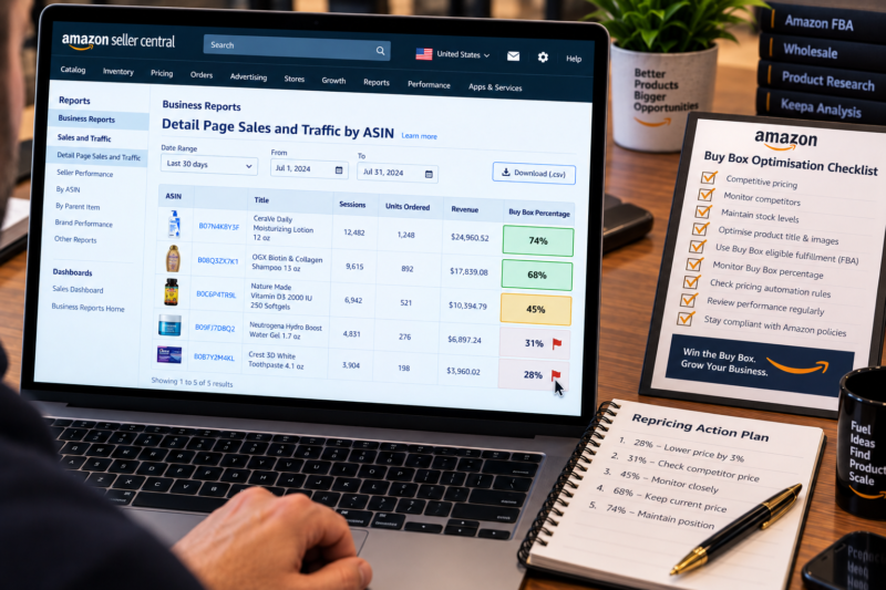 Amazon USA Seller Central Business Reports Detail Page Sales and Traffic by ASIN Table on Laptop Showing Five ASINs Buy Box Percentage Column Results Between 28 Percent and 74 Percent All Green FBA Status Confirmed Beside Printed Buy Box Checklist All Items Ticked