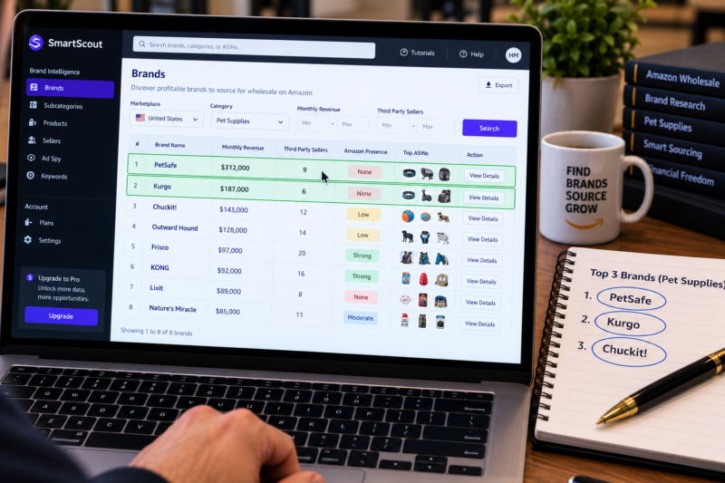 SmartScout Brand Discovery Dashboard on Laptop Showing Amazon USA Health and Beauty Category Brand List Sorted by Revenue Multiple Third Party Sellers Per Brand Monthly Revenue Figures Visible