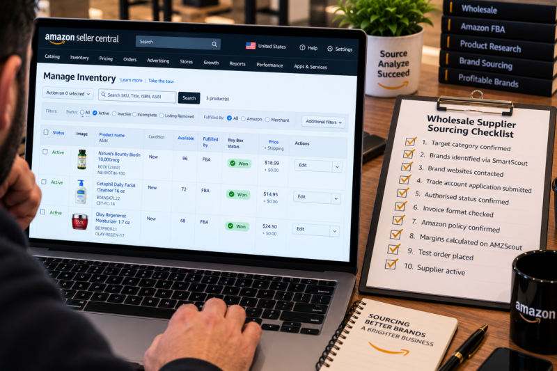 Amazon USA FBA Wholesale Seller at Desk with Laptop Showing SmartScout Brand Discovery Page and Beside It a Printed Supplier Outreach Tracker Spreadsheet Showing Five Brand Names Contact Status Trade Account Status and Amazon Policy Confirmed All Ticked