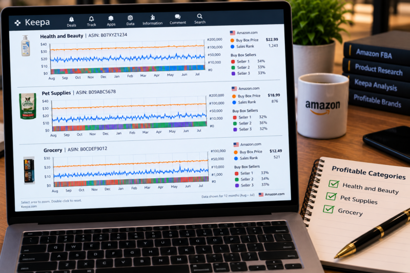 Keepa Charts on Laptop Showing Amazon USA Pet Supplies and Health Beauty Category ASINs Sales Rank History 12 Months Consistent Between 500 and 3000 Buy Box Three Sellers Rotating Beside Printed Category Evaluation Checklist