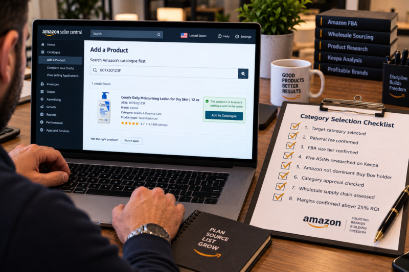Amazon USA FBA Wholesale Seller at Desk with Laptop Showing Keepa Charts for Three Different Category ASINs Health Beauty Pet Supplies and Grocery All Showing Consistent Sales Rank and Buy Box Rotation Beside Printed Category Evaluation Checklist All Items Ticked