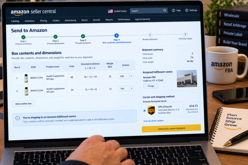 Amazon USA Seller Central Send to Amazon Shipment Plan Page on Laptop Showing ASIN Health Supplement 72 Units Box Contents Entered Dimensions 12x12x10 Inches Weight 18 lbs Two Boxes Confirmed Shipment Assigned to Kentucky Fulfilment Centre