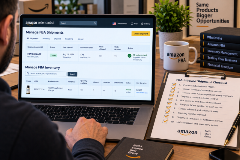 Amazon USA FBA Wholesale Seller at Packing Table Beside Sealed Brown Cardboard Boxes Ready for UPS Collection Each Box with Amazon FBA Box Label and UPS Label Applied Laptop on Table Showing Seller Central Manage FBA Shipments Page Shipment Status Shipped
