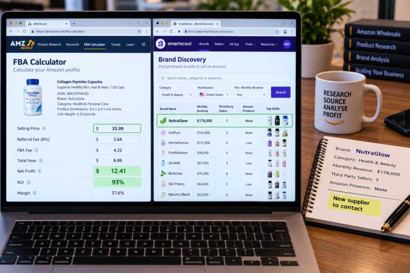 Amazon USA FBA Wholesale Seller at Desk with Two Monitors Showing Seller Central Business Reports Revenue Chart Month 1 to Month 18 Strong Upward Trend and Beside It AMZScout Product Research on New ASIN Confirming 34 Percent ROI Margin