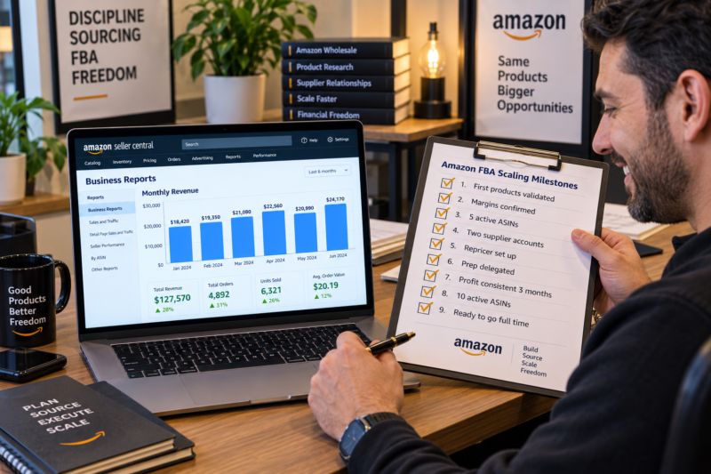 Amazon USA FBA Wholesale Seller at Professional Desk with Laptop Showing Seller Central Business Reports Monthly Revenue Chart Steady Growth from Month 1 to Month 18 Beside Printed Four Stage Scaling Checklist All Stages Marked with Gold Pen