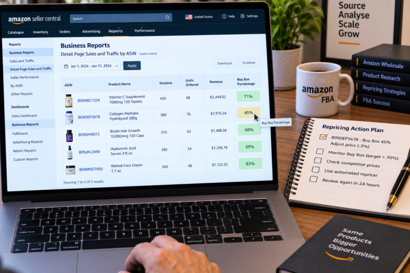 Amazon USA Seller Central Business Reports Detail Page Sales and Traffic by ASIN on Laptop Showing Five ASINs with Sessions Units Ordered Revenue and Buy Box Percentage Columns All Active FBA Listings Green Metrics