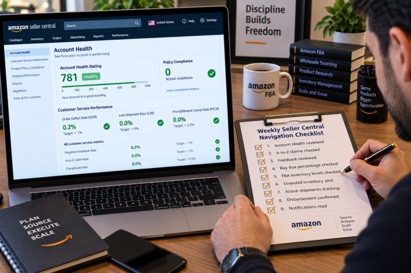 Amazon USA Seller Central Dashboard on Laptop with Multiple Tabs Open Showing Account Health 781 Green Business Reports Buy Box Percentage Data Manage FBA Inventory 52 Active ASINs Beside Printed Weekly Navigation Checklist All Items Ticked Gold Pen