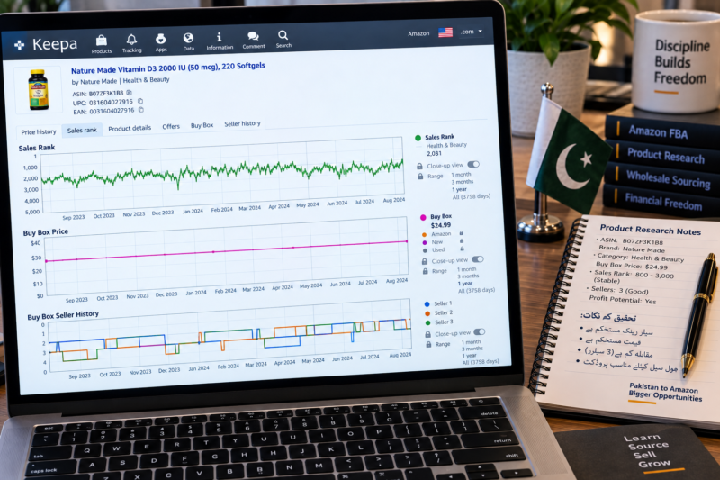 Pakistani Amazon FBA Seller at Home Office Researching Products on Keepa Chart Showing Amazon USA ASIN Sales Rank History 12 Months Consistent Buy Box Three Sellers Rotating