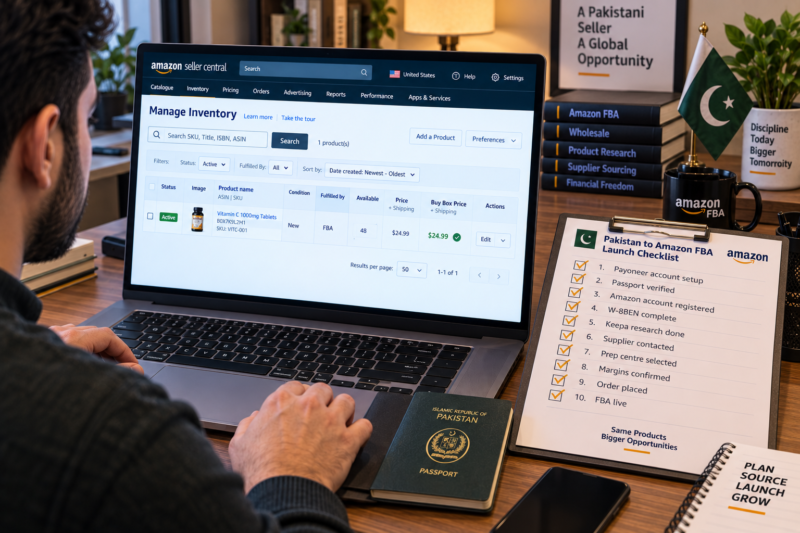 Pakistani Amazon FBA Seller at Home Office Desk with Laptop Showing Seller Central Dashboard Account Active Professional Plan Verified Beside Printed Launch Checklist All Items Ticked Gold Pen