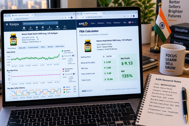Indian Amazon FBA Seller at Home Office Researching Products on Keepa Chart Amazon USA ASIN 12 Month Sales Rank History Consistent Buy Box Three Sellers AMZScout Calculator Showing 32 Percent ROI