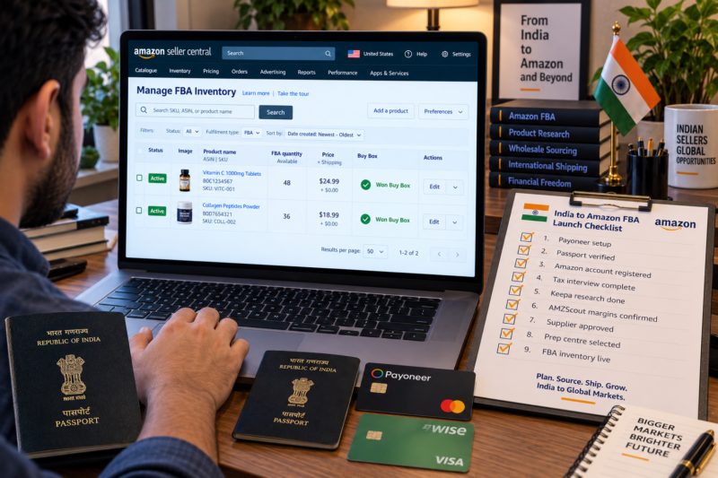Indian Amazon FBA Seller at Home Office Desk Laptop Showing Seller Central Dashboard Account Verified Professional Plan Active Beside Printed India to Amazon FBA Launch Checklist All Items Ticked Gold Pen