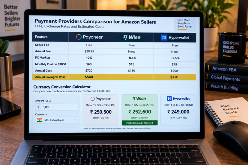 International Amazon Seller at Desk Comparing Payoneer Wise and Hyperwallet on Laptop Screen Side by Side Fee Comparison Exchange Rate Comparison Currency Conversion Calculator