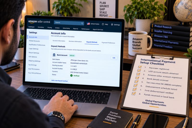 International Amazon Seller at Desk with Laptop Showing Payoneer Dashboard USD Balance and Amazon Disbursement Received Beside Printed Payment Setup Checklist All Items Ticked Gold Pen