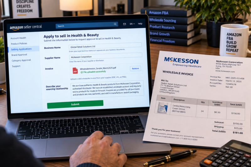 International Amazon Seller Submitting Ungating Application in Amazon Seller Central Add a Product Page Showing Request Approval Button Invoice Upload Field with PDF Wholesale Invoice Visible