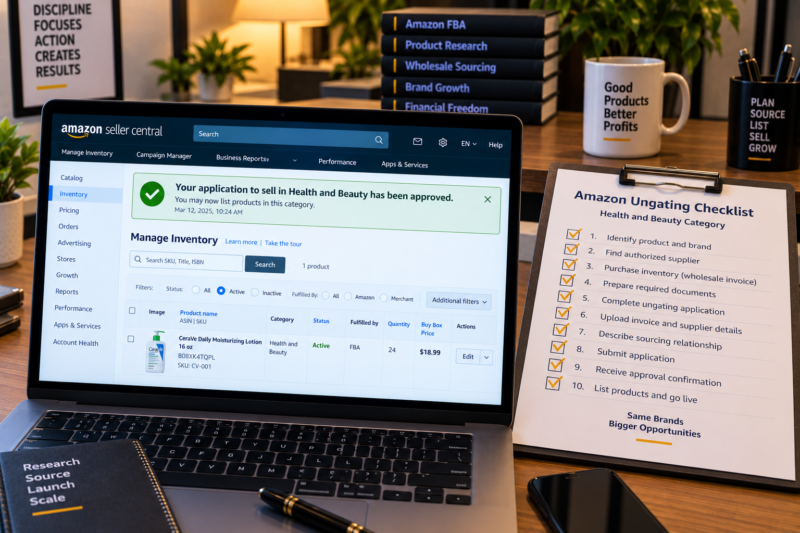 International Amazon Seller at Home Office Desk Laptop Showing Amazon Seller Central Ungating Approval Message Category Approved You May Now List Products in Health and Beauty Green Approval Status Beside Printed Ungating Checklist All Items Ticked