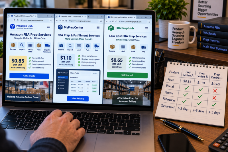 International Amazon Seller at Home Office Comparing Three Prep Centre Websites on Laptop Screen Showing Pricing Pages Services Lists and Contact Details Making Notes on Vetting Checklist