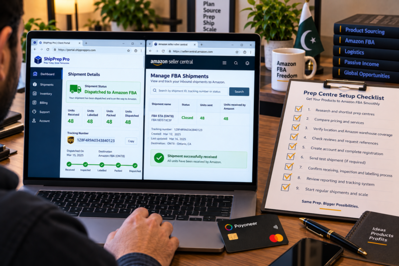 International Amazon Seller at Home Office Desk Laptop Showing Prep Centre Client Portal Dashboard with Incoming Inventory Status 48 Units Received Labelled and Dispatched to Amazon FBA Beside Printed Prep Centre Checklist All Items Ticked