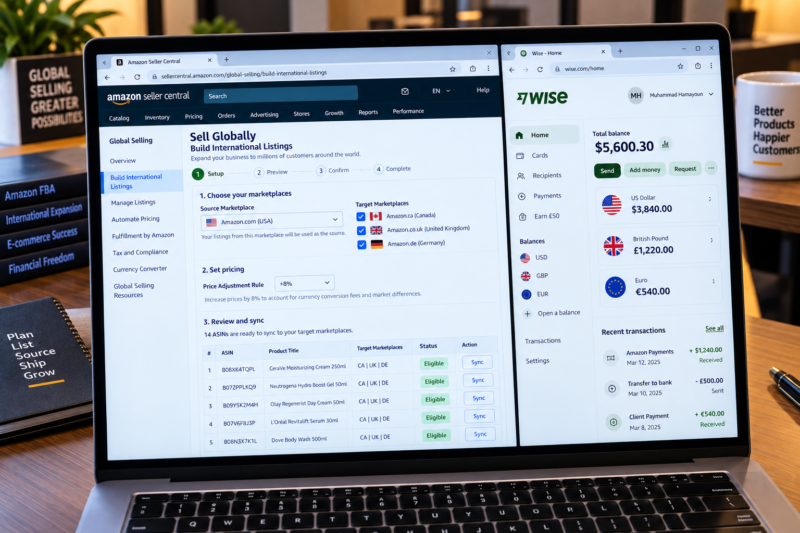 International Amazon Seller at Home Office Desk Laptop Showing Amazon Seller Central Sell Globally Dashboard Multiple Marketplace Flags USA Canada UK Germany UAE Active Listings Counter