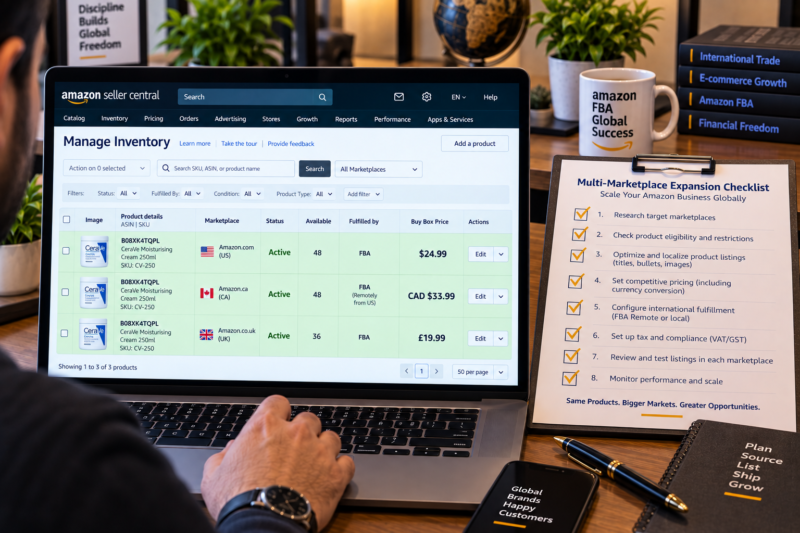 International Amazon Seller at Home Office Desk Laptop Showing Amazon Seller Central Sell Globally Dashboard with Active Listings on Amazon USA Amazon Canada and Amazon UK Three Marketplace Flags Active Green Status Beside Printed Multi-Marketplace Checklist All Items Ticked