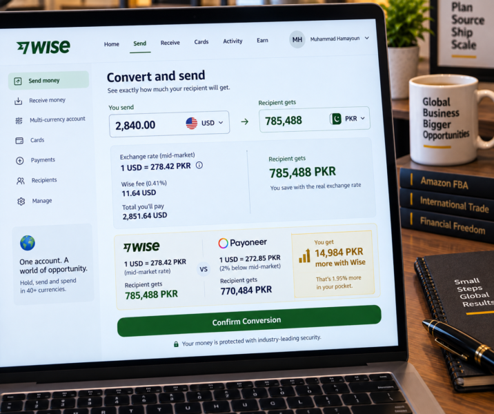 International Amazon Seller at Home Office Laptop Showing Wise Multi-Currency Account Dashboard USD Balance GBP Balance EUR Balance Currency Conversion Calculator Showing Rate Comparison Mid-Market Rate vs Actual Rate