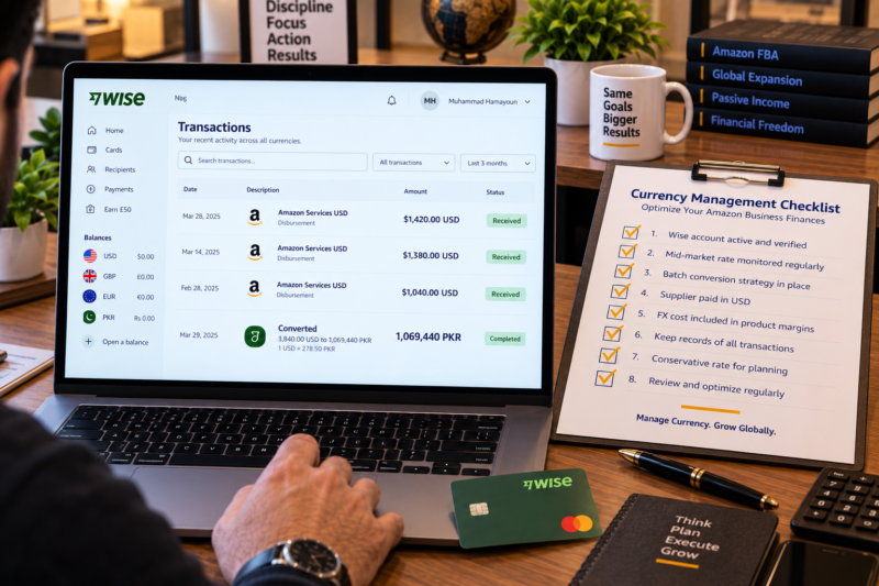 International Amazon Seller at Home Office Desk Laptop Showing Wise Currency Conversion Screen Converting USD 2840 to PKR at Mid-Market Rate Showing Exact Fee 0.41 Percent and Exact Amount Received in PKR Beside Printed Currency Management Checklist All Items Ticked
