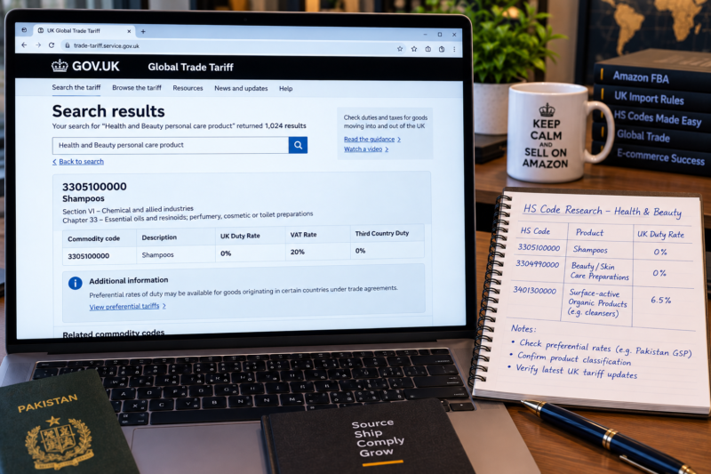 International Amazon Seller at Home Office Laptop Showing UK Global Trade Tariff Website HS Code Search Result Showing Product Classification Import Duty Rate and VAT Rate for FBA Shipment