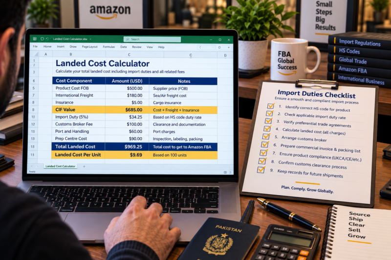 International Amazon Seller at Home Office Desk Laptop Showing Landed Cost Calculation Spreadsheet All Cost Components Listed Product Cost Freight Insurance Import Duty Broker Fee Total Landed Cost Per Unit Beside Printed Import Duties Checklist All Items Ticked