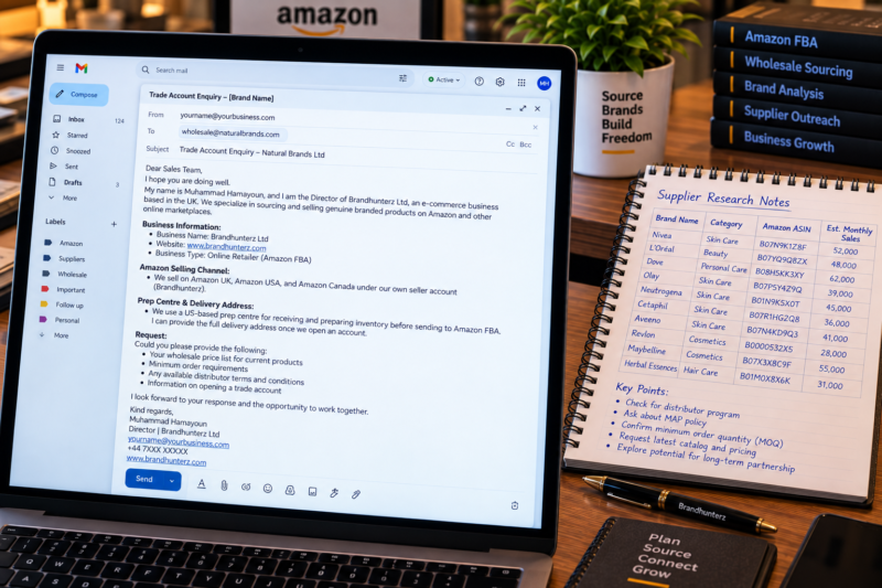 International Amazon Seller at Home Office Desk Writing Professional Supplier Outreach Email on Laptop Showing Business Email Client with Draft Email to US Wholesale Supplier Notepad with Supplier Research Notes Beside