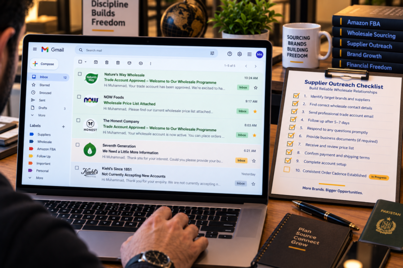 International Amazon Seller at Home Office Desk with Laptop Showing Email Inbox with Multiple Supplier Responses Including Trade Account Approved and Wholesale Price List Attached Emails in Green Beside Printed Supplier Outreach Checklist All Items Ticked