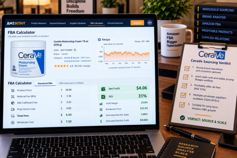 Amazon FBA Seller at Home Office Desk Reviewing CeraVe ASIN Portfolio on Laptop Showing AMZScout Calculator with CeraVe Moisturising Cream ASIN Buy Box Price 16.99 ROI 31 Percent Green Keepa Chart Beside