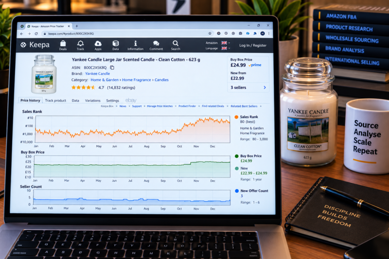 Amazon FBA Seller at Home Office Researching Yankee Candle Large Jar ASIN on Keepa Chart Showing 12 Month Sales Rank Consistent Home Fragrance Category Q4 Seasonal Uplift Visible Buy Box Two Sellers Rotating Stable Price