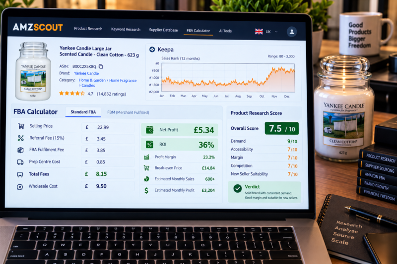 Amazon FBA Seller at Home Office Desk Reviewing Yankee Candle Large Jar ASIN Portfolio on Laptop Showing AMZScout FBA Calculator Buy Box Price 22.99 ROI 28 Percent Green Keepa Chart Showing Q4 Sales Rank Uplift Visible