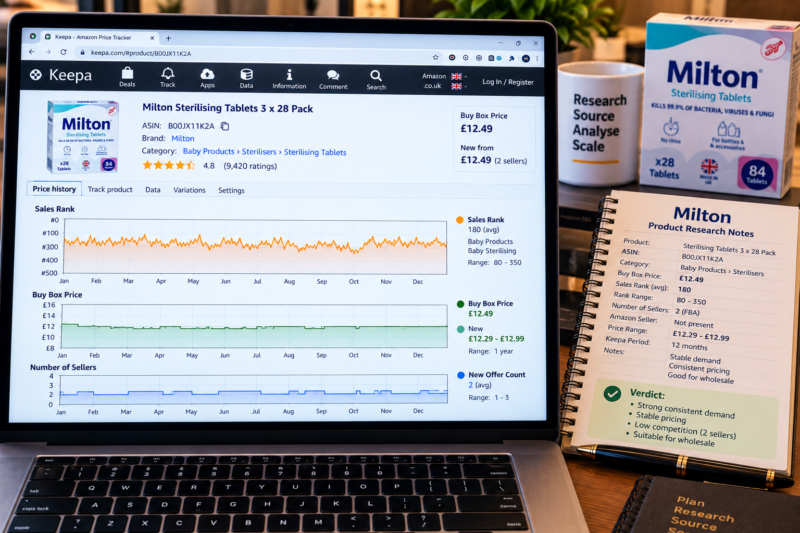 Amazon FBA Seller at Home Office Researching Milton Sterilising Tablets ASIN on Keepa Chart Showing 12 Month Consistent Sales Rank Baby Products Category Stable Buy Box Price Two Sellers Rotating No Amazon Badge