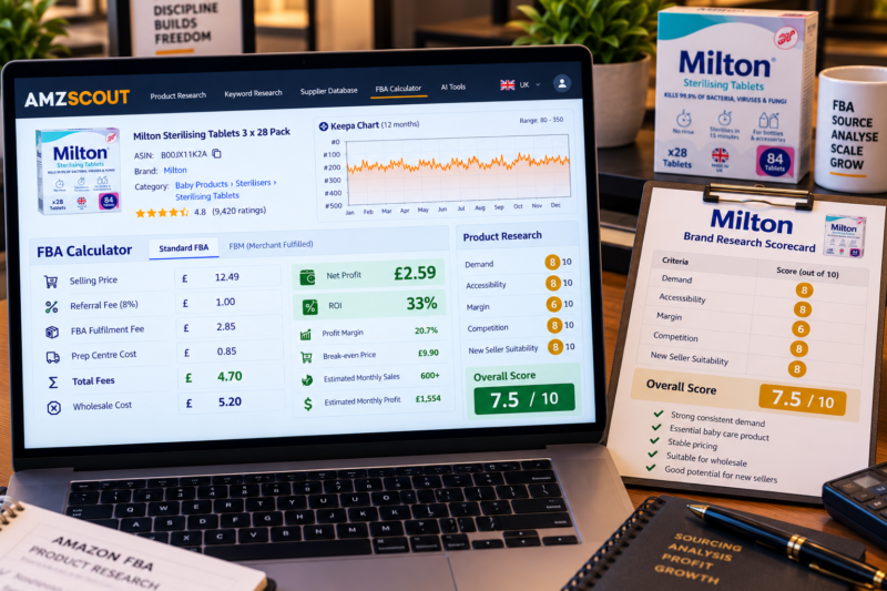 Amazon FBA Seller at Home Office Desk Reviewing Milton Sterilising Tablets Multi-Pack ASIN on Laptop Showing AMZScout FBA Calculator Buy Box Price 12.49 ROI 27 Percent Green Keepa Chart Consistent Baby Products Sales Rank