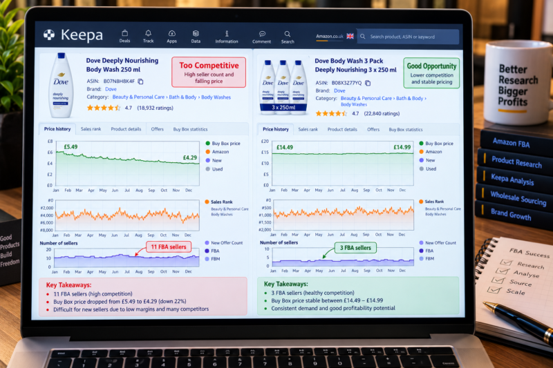 Amazon FBA Seller at Home Office Researching Dove Body Wash Multi-Pack ASIN on Keepa Chart Showing 12 Month Sales Rank Consistent Top 200 Body Wash Category Three Sellers Rotating Stable Buy Box Price