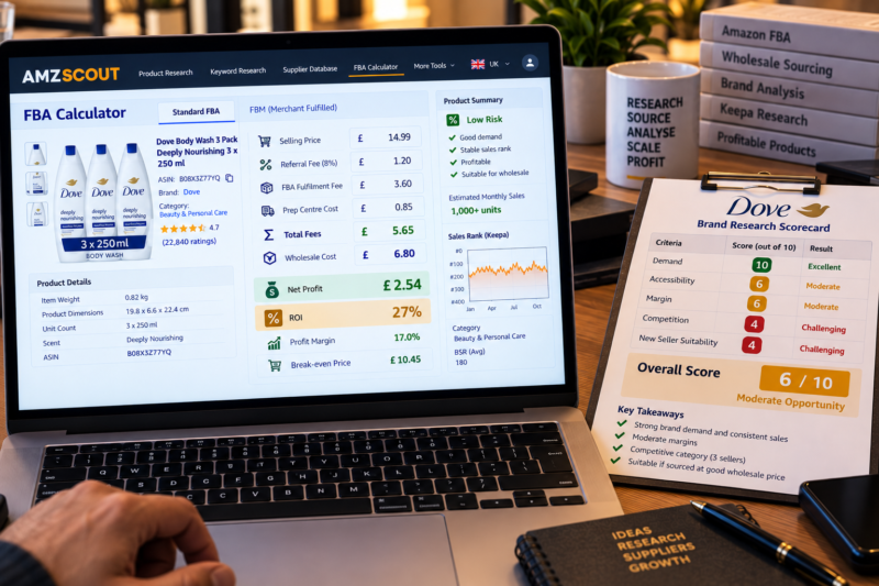Amazon FBA Seller at Home Office Desk Reviewing Dove Body Wash Multi-Pack ASIN on Laptop Showing AMZScout FBA Calculator Buy Box Price 14.99 ROI 29 Percent Green Keepa Chart Three Sellers Rotating Stable Price